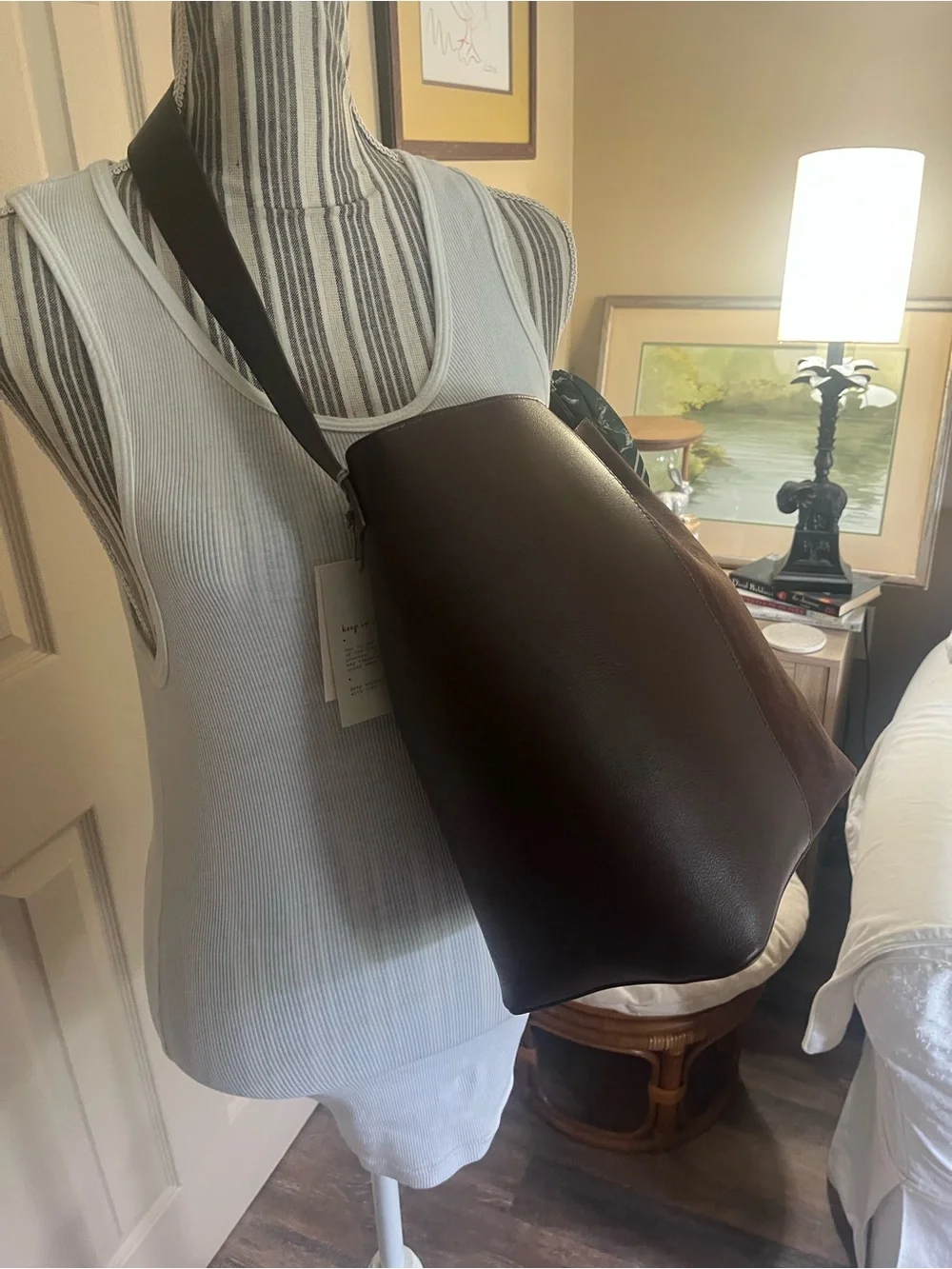 Tote Vegan leather & suede tote w/ removable charm adjustable buckle strap NWT